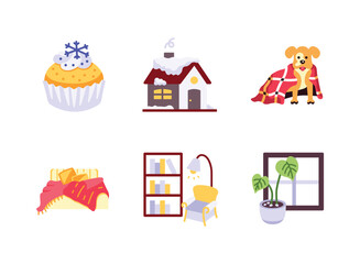 Simple Set of Cozy Winter Related Colorful Icons. Contains Icons as Cupcake, Snow Roof, Dog in Blanket, Warm Bed, Reading Nook, Indoor Plant.