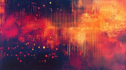 Abstract background blending warm red and orange tones with dark blue, featuring glowing particles, light streaks, and textured halftone patterns creating a dynamic visual