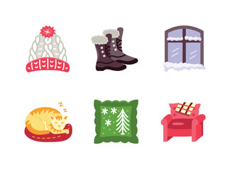 Simple Set of Cozy Winter Related Colorful Icons. Contains Icons as Knitted Hat, Warm Boots, Snowy Window, Cat Sleeping, Soft Pillow, Armchair.