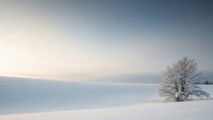Minimal white snowy field, small tree at corner, vast sky area for copy
