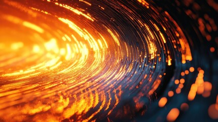 Abstract network of luminous orange lines and particles forming a vibrant vortex, representing data flow, technology, and energetic connections in an evolving digital space