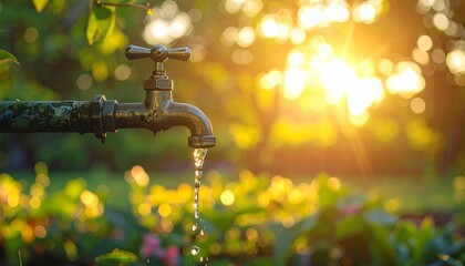 Weathered outdoor faucet dripping water in sunlit garden surrounded by greenery and blooming flowers