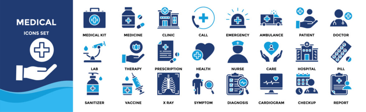 Medical icon set collection. an icon pack contain medical kit, doctor, nurse, hospital, clinic, health, patient, x-ray, sanitizer, therapy