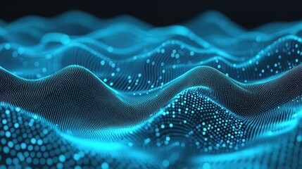 Blue particle mesh creating an abstract undulating surface, symbolizing connectivity, big data, technology, and science, forming a futuristic network background
