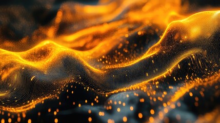 Glowing orange data points and flowing particle waves in a dark cyber space, visualizing big data, ai, network connections and futuristic energy flow in a dynamic tech background