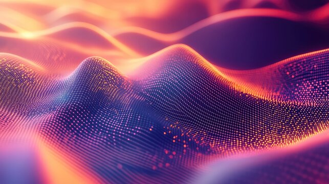 Digital grid surface undulates with glowing particle waves, illustrating data flow, network connections, and the abstract concepts of technology and communication in a vibrant, futuristic background - Powered by Adobe