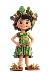 3D Render of a Little Girl with Cactus Wreath on transparent Background