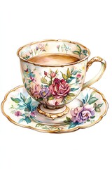 Vintage porcelain cup and saucer with floral ornament on white background