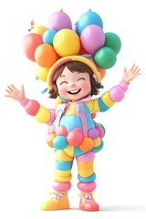3D Rendering of Cute Little Girl in Colorful Balloon Costume on White Background