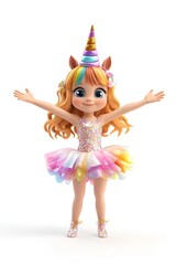 3d rendering of a cute little unicorn girl isolated on white background