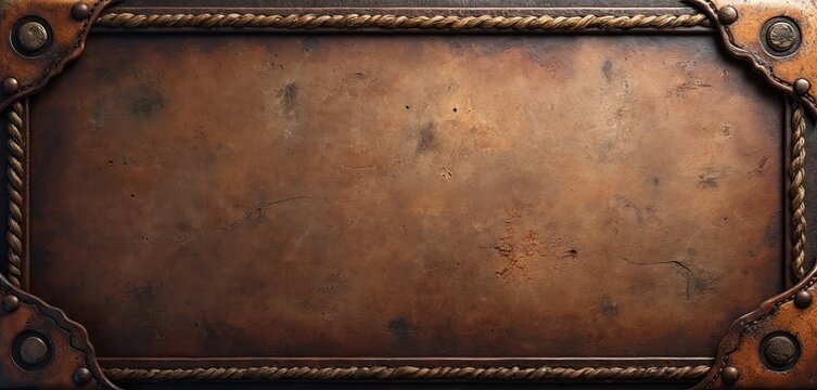Old weathered metal plate background with dark leather frame. Central surface shows scratches, cracks, rust. Worn rope details, shiny metal rivets accent rugged border. Ancient texture adds vintage