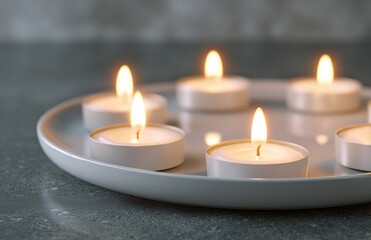 Burning tealight candles on white ceramic plate