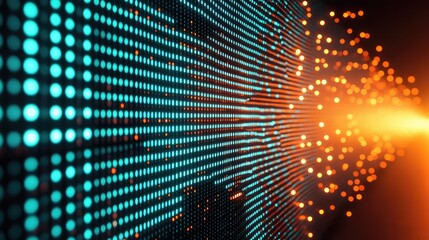 Digital data grid displaying global network connection with glowing orange particles representing fast flowing information and big data insights spreading worldwide