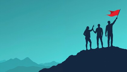 Team reaches mountain top with red flag. Silhouettes celebrate success, pointing towards new goals. Concept shows leadership, partnership after achievement on mountain peak. Illustration for teamwork