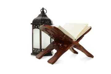 Wooden stand with book and lantern, isolated, PNG