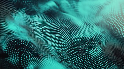 Abstract technology background showing glowing turquoise data points and lines forming a flowing digital network structure, representing big data and global connectivity