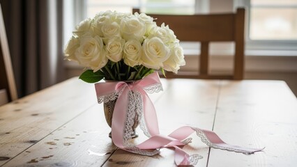 Elegant white rose bouquet tied with a ribbon, placed on a table. Symbolizes purity, love, weddings, romance, and timeless floral beauty. Ideal for wedding, event, and decorative concepts.