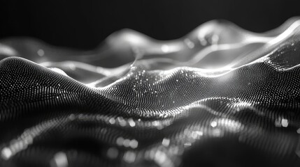Digital wave surface displaying interconnected particles and shimmering light, representing data flow, network connections, and the abstract nature of technological information