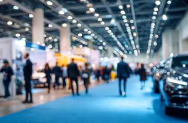 Blurred background of a busy business fair with people walking and engaging in networking activities in an indoor exhibition hall