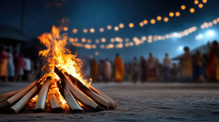 Lohri festival bonfire burning brightly, creating a warm glow in a village square at night, with people celebrating and gathering around the traditional harvest holiday fire event