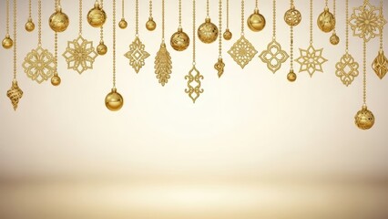 Gold ornaments hanging from top, smooth gradient background for text zone
