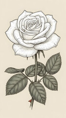 Beautiful White Rose Illustration with Leaves.