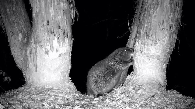 Wilder Biber, Castor fiber,  steht nachts an Stamm und nagt Holzsp&auml;ne ab, Biberrevier, Nahaufnahme, Nachtaufnahme