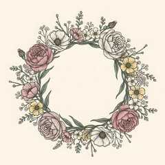 Floral Wreath Illustration with Roses and Flowers.