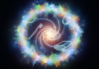 Dreamy bathroom essentials floating in a cosmic swirl of color, perfect for promoting self care, wellness, hygiene, and a healthy lifestyle concept