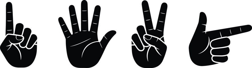 Four Black Silhouette Hand Gestures Showing Numbers and Direction icon