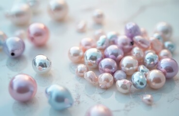 Assorted pearl beads in pastel pink purple and blue hues scattered on a light marble surface. Luxurious jewelry making elements offer soft sheen and elegant sheen for decorative craft projects.
