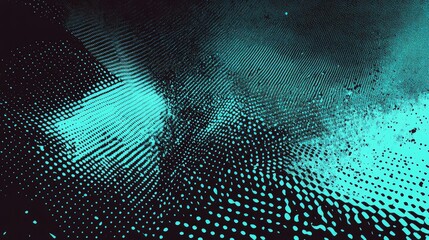 Abstract design features a vibrant teal digital halftone dot pattern and distressed grunge textures on a dark background, creating dynamic visual flow and a modern aesthetic