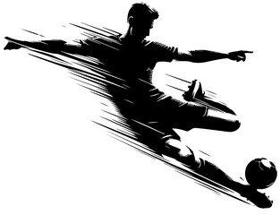  A bold black-and-white silhouette captures a soccer player in motion, delivering a powerful kick. Energetic lines suggest speed and athletic effort, perfect for sports imagery1