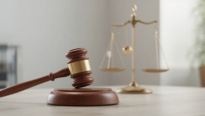 Professional legal services background featuring a courtroom gavel and balancing scales for law firm marketing and constitutional justice themes.