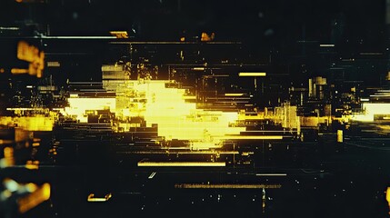 Abstract digital landscape featuring glowing yellow energy flow representing data streaming, modern networking, or advanced technological connectivity through a vibrant, pixelated cityscape