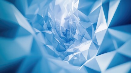 Blue polygonal structure forming an abstract geometric tunnel, representing data flow, technology, and interconnected digital networks converging towards a bright light