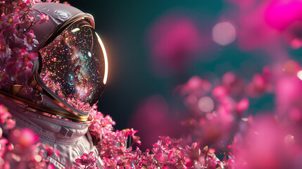 Pink and purple technology futuristic love alien warrior astronaut robot in a cyber suit and helmet, surrounded by flowers, love theme, fictional 3D character, generative AI.