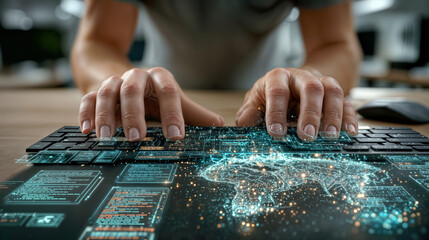 Developer hands typing on keyboard with holographic digital interface displaying application UI layers, frontend design, database visualization, and server automation in modern workspace