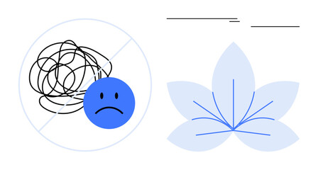 Sad face beside a chaotic tangled scribble, paired with a serene lotus flower. Ideal for mental health, emotions, mindfulness, stress management, balance, healing self-care. Simple flat metaphor