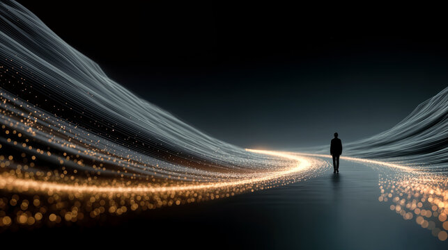 Silhouette of business leader overseeing glowing interconnected data streams and AI pipeline with exponential growth curve in gold and cyan high-tech futuristic scene