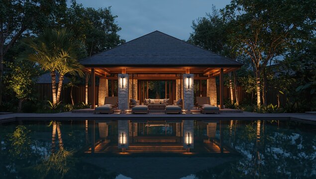 Tranquil holiday destination featuring a private swimming pool and a sophisticated architectural pavilion under a dark clear night sky.