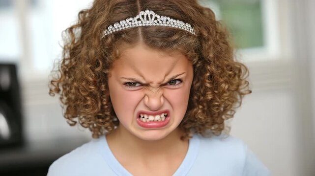 Child with curly hair shows strong emotion wearing a tiara at home during the day