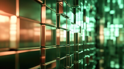 Abstract background showing a mesmerizing grid pattern of shiny metallic cubes reflecting warm orange and cool green light, creating a modern and structured visual texture