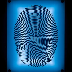 Abstract biometric fingerprint pattern made of electronic lines glowing on blue digital security background