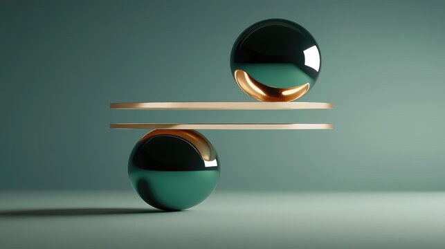 Polished dark green spheres featuring metallic gold accents balancing on two horizontal golden bars, creating a sense of equilibrium and sophisticated contrast in minimalist design
