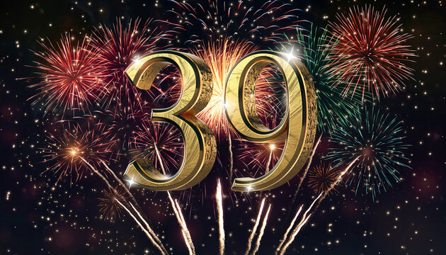 Gold number 39 with fireworks in the background. Festive scene for birthday or anniversary party
