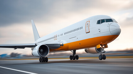 Obraz premium Close-up, low-angle shot of a white and orange commercial airplane taking off or landing on a runway. Represents air travel, passenger transport, cargo, logistics, and global travel concept