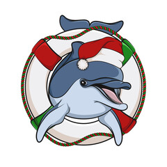 Color illustration with dolphin in red Christmas hat with life buoy. Isolated vector object on white background.