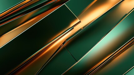 Abstract geometric pattern featuring reflecting green and gold metallic rectangles creating a dynamic, luxurious, and modern background design ideal for business, technology, or upscale projects