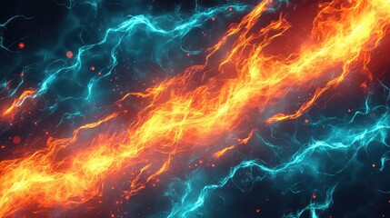 Abstract background visually representing elemental power and dynamic contrast, showing vibrant orange flames and cool blue energy waves merging with sparkling particles